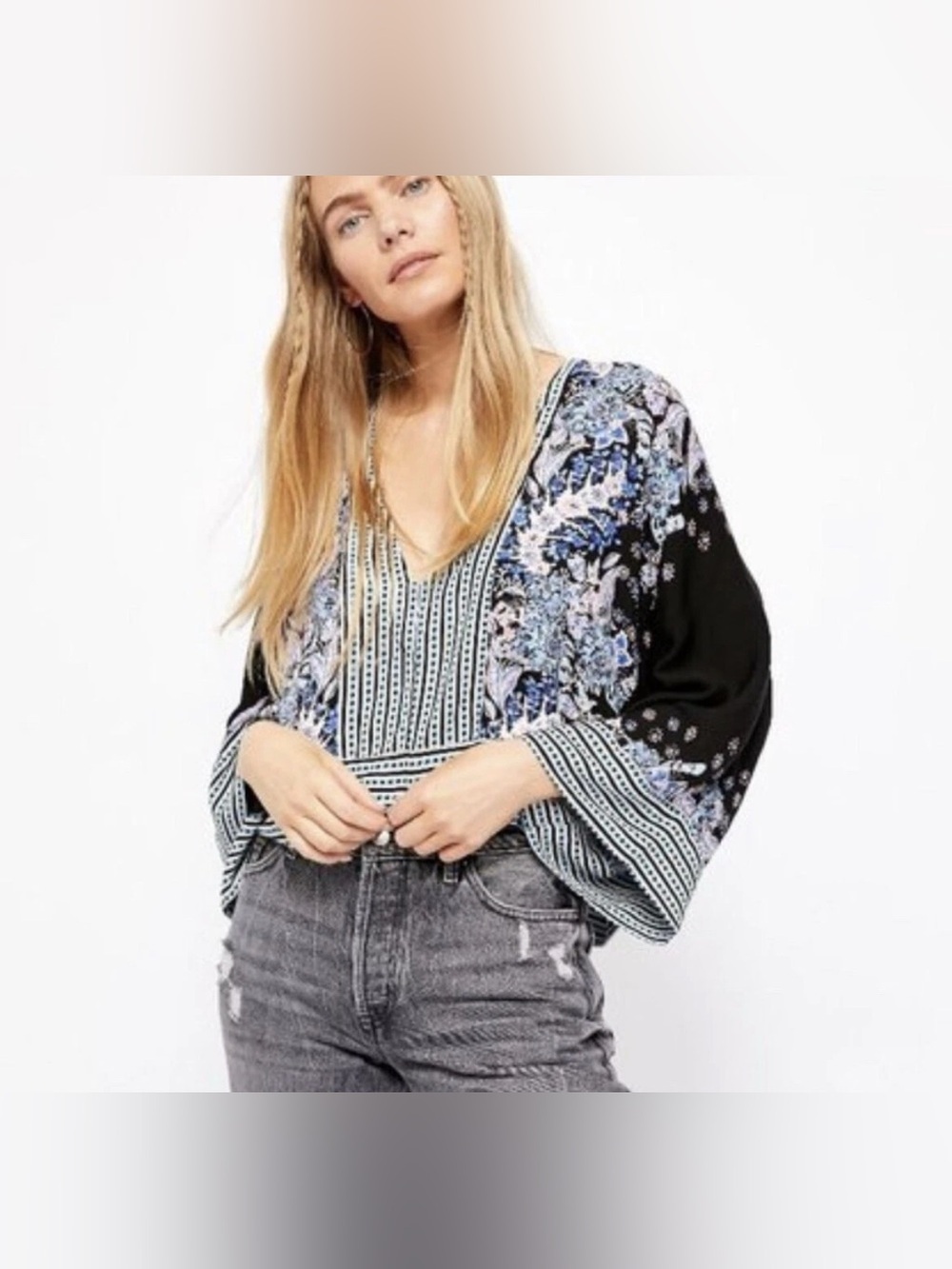 Free People Boho Mix N Match Floral V-Neck Cropped Blouse Size Small